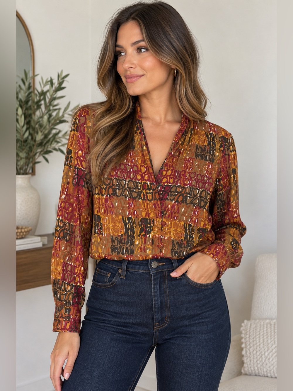 G.W. Design Studio 100% Silk Abstract Print Button Front Shirt S